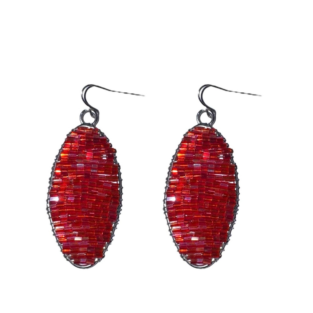 WOMEN’S Wire Wrapped Dangle Red Irridescent Bead Teardrop Earrings